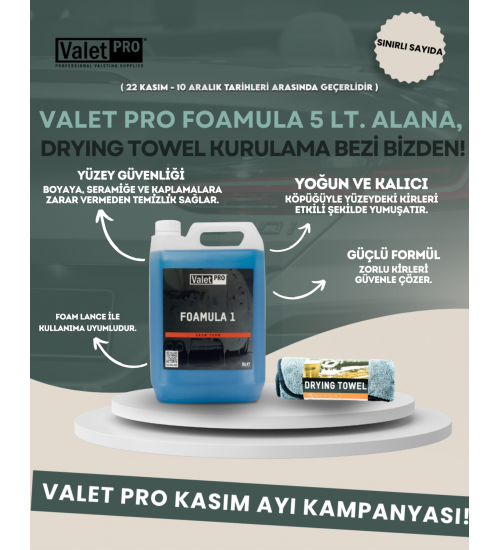 Valet Pro Foamula 1 Ph Neutral Snow Foam 5 Lt / Yıkama Köpüğü + Valet Pro Drying Towel Grey 50*80 / Gri Kurulama Bezi