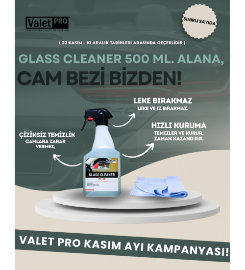 Valet Pro Glass Cleaner 500 ml / Cam Temizleyici + Valet Pro Mikrofibre Glass Cloth 40x48 cm / Cam Silme Bezi